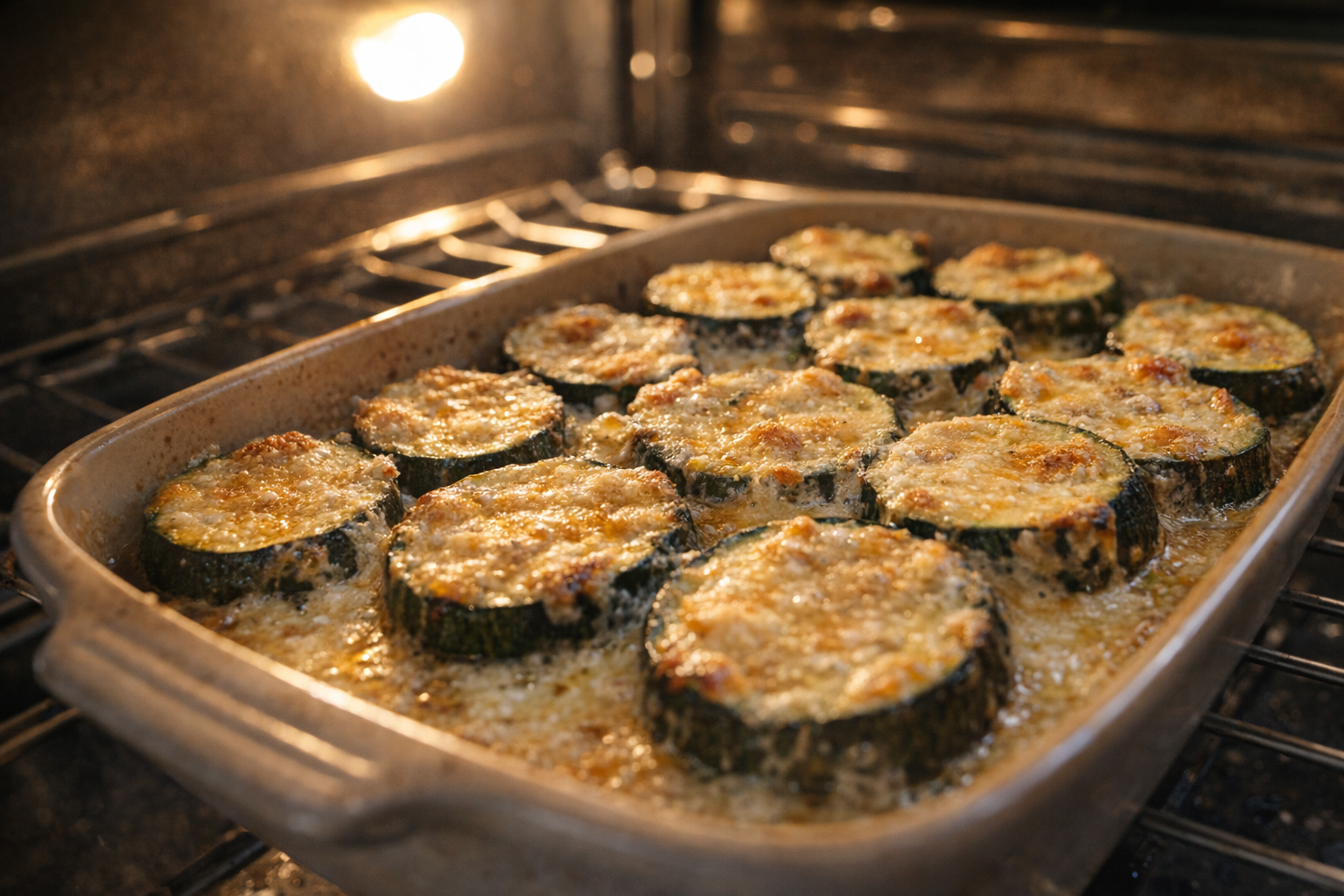 A medium shot of zucchini slices baking in the oven, golden brown edges, bubbling parmesan cheese, oven light shining on the vegetables